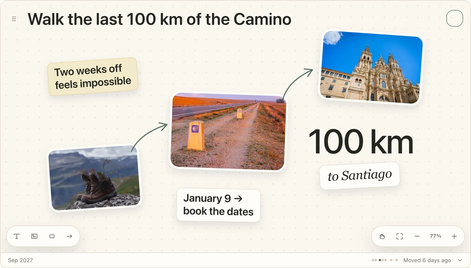 A Plannedo goal board 'Walk the last 100 km of the Camino': three photos joined by arrows like a route, from hiking boots to a scallop-shell waymarker to the cathedral in Santiago, '100 km' in large type with 'to Santiago' handwritten, a sticky note 'Two weeks off feels impossible' and a card 'January 9 → book the dates', deadline Sep 2027.