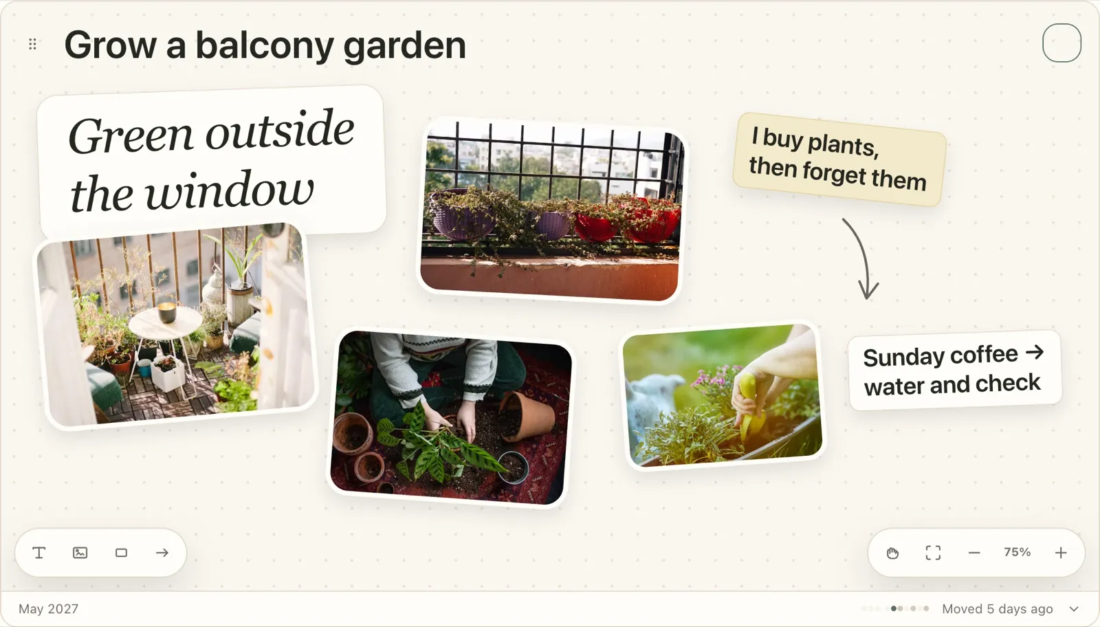 A Plannedo goal board 'Grow a balcony garden': 'Green outside the window' handwritten on a card, four scattered photos of a balcony garden, planters on a railing, hands repotting a plant and a hand planting flowers, a sticky note 'I buy plants, then forget them' with an arrow to a card 'Sunday coffee → water and check', deadline May 2027.