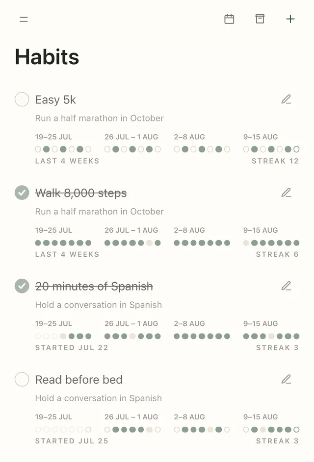 The Habits screen on an iPhone: four habits, each with its goal, four weeks of dots and a streak.