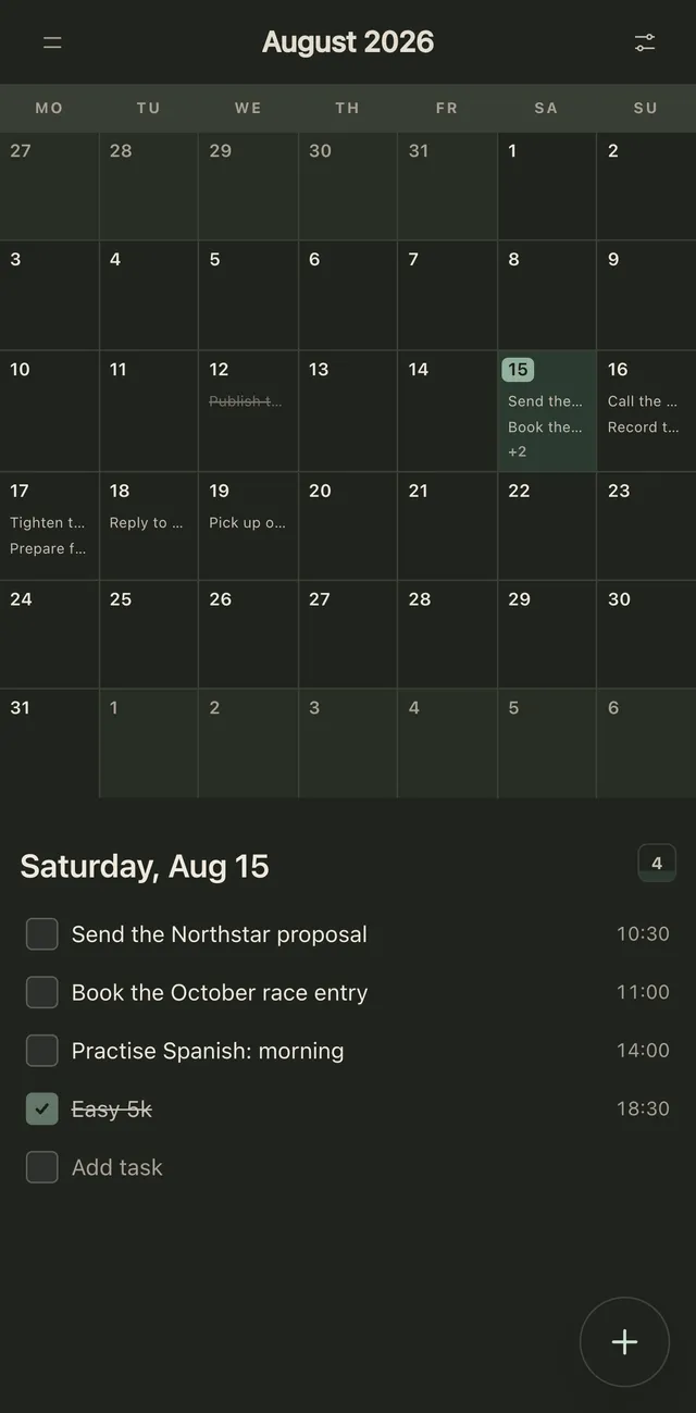 Month on an iPhone: a calendar grid with task titles in each day and the selected day's tasks below.