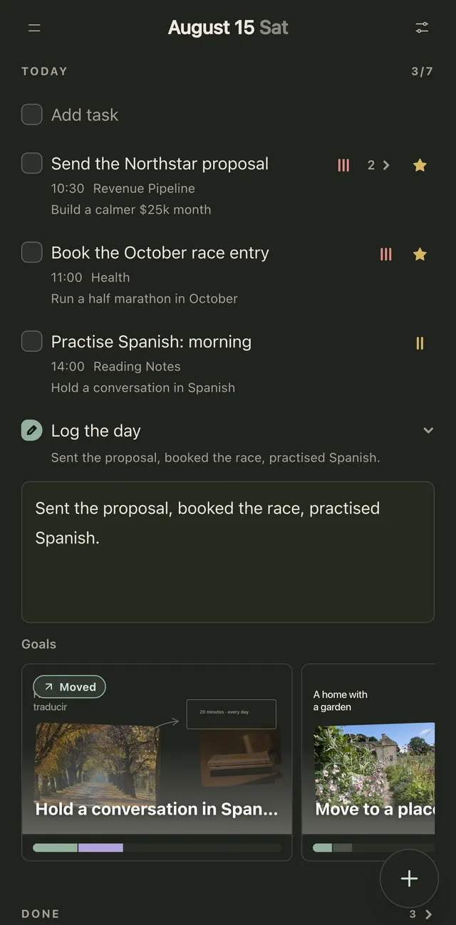 Plannedo's Today page on an iPhone: three tasks with times, lists and goals, Log the day with a one-line entry, and a strip of goal boards.
