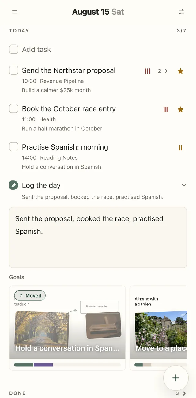Plannedo's Today page on an iPhone: three tasks with times, lists and goals, Log the day with a one-line entry, and a strip of goal boards.