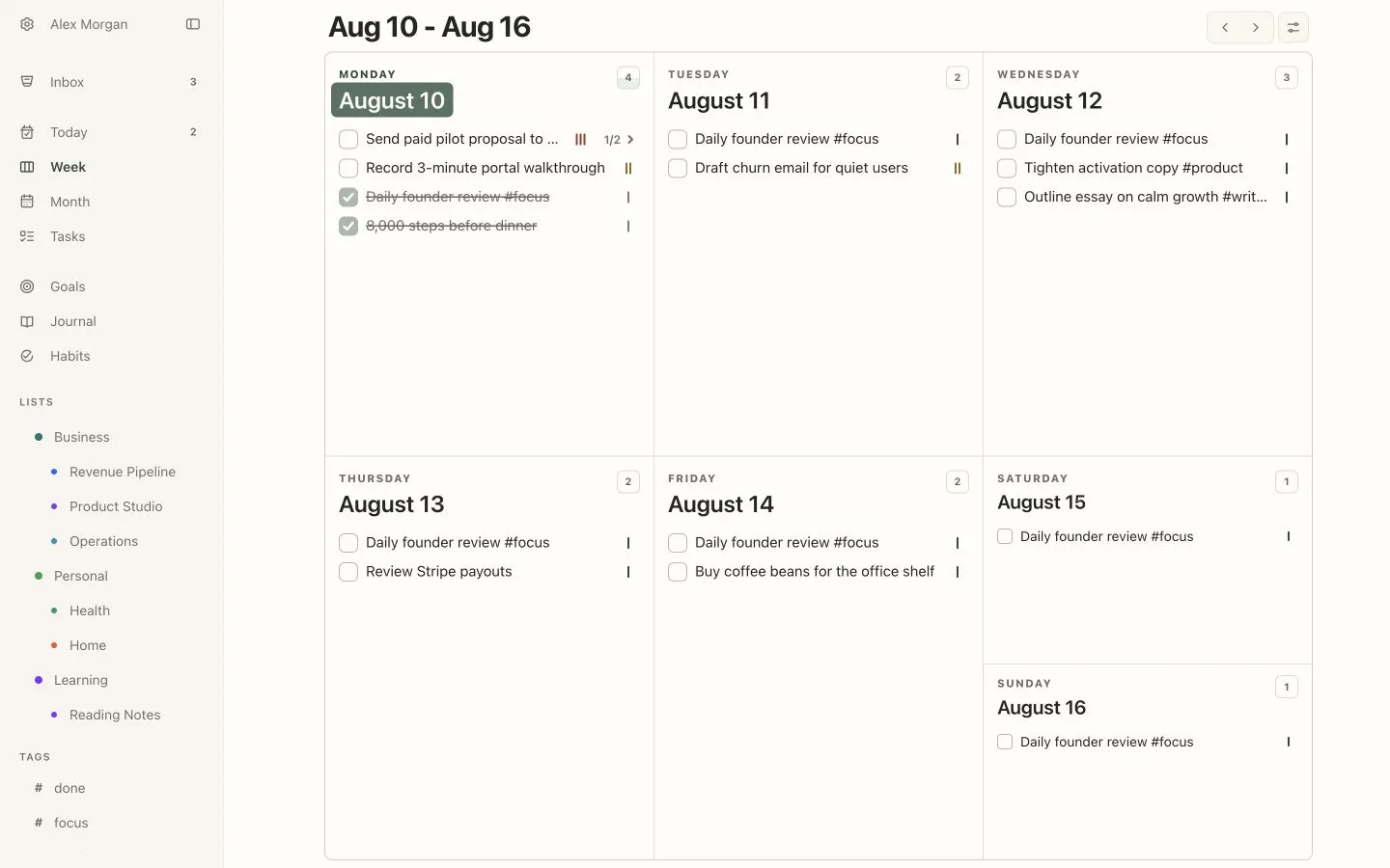 The Week view on a Mac: five day cards and a shared weekend card, each with its tasks and a count.