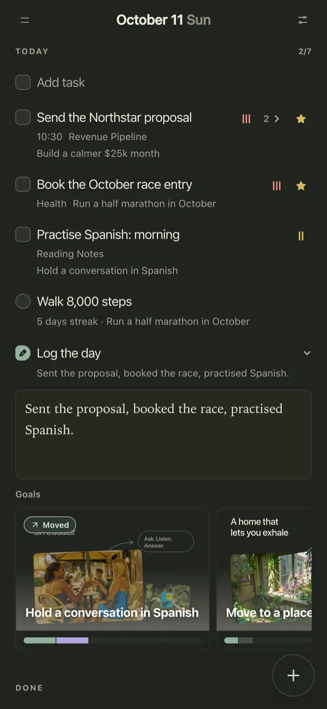 Plannedo's Today page on an iPhone with the day's tasks, a habit with its streak, a short journal entry under Log the day, and goal cards.