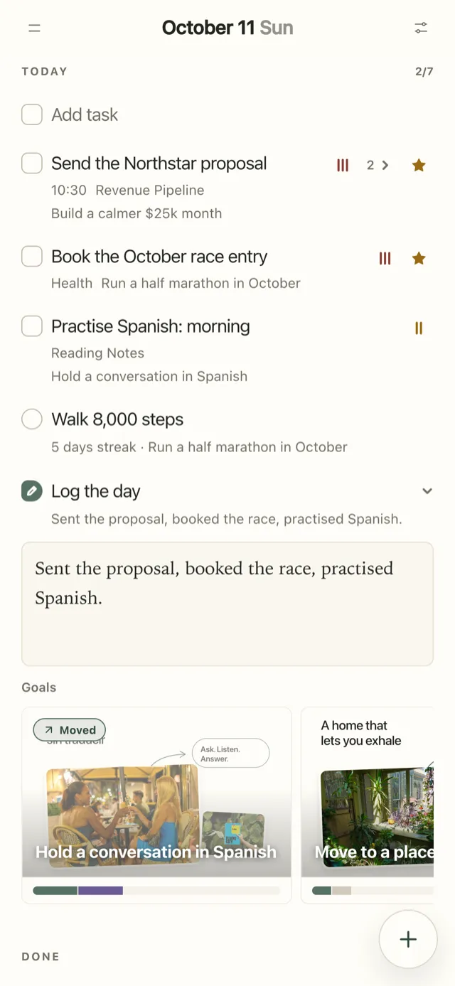 Plannedo's Today page on an iPhone with the day's tasks, a habit with its streak, a short journal entry under Log the day, and goal cards.