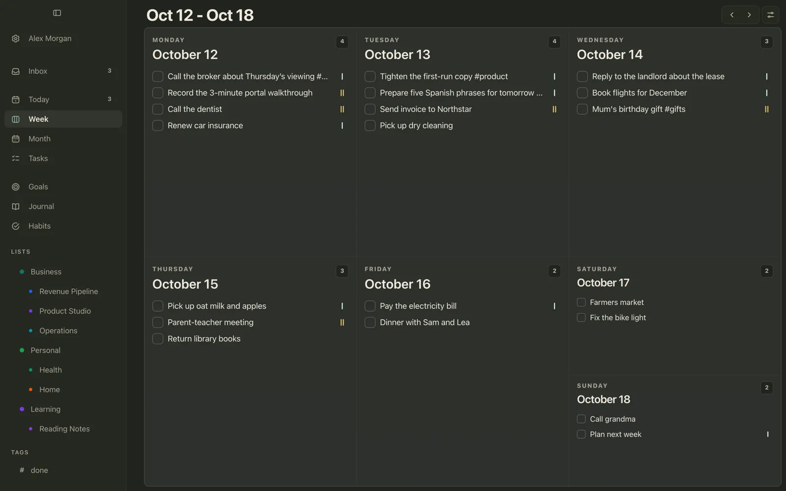 Plannedo's Week view on a Mac for October 12 to 18 with everyday tasks such as Call the dentist, Pick up dry cleaning, Mum's birthday gift and Pay the electricity bill spread across the days.