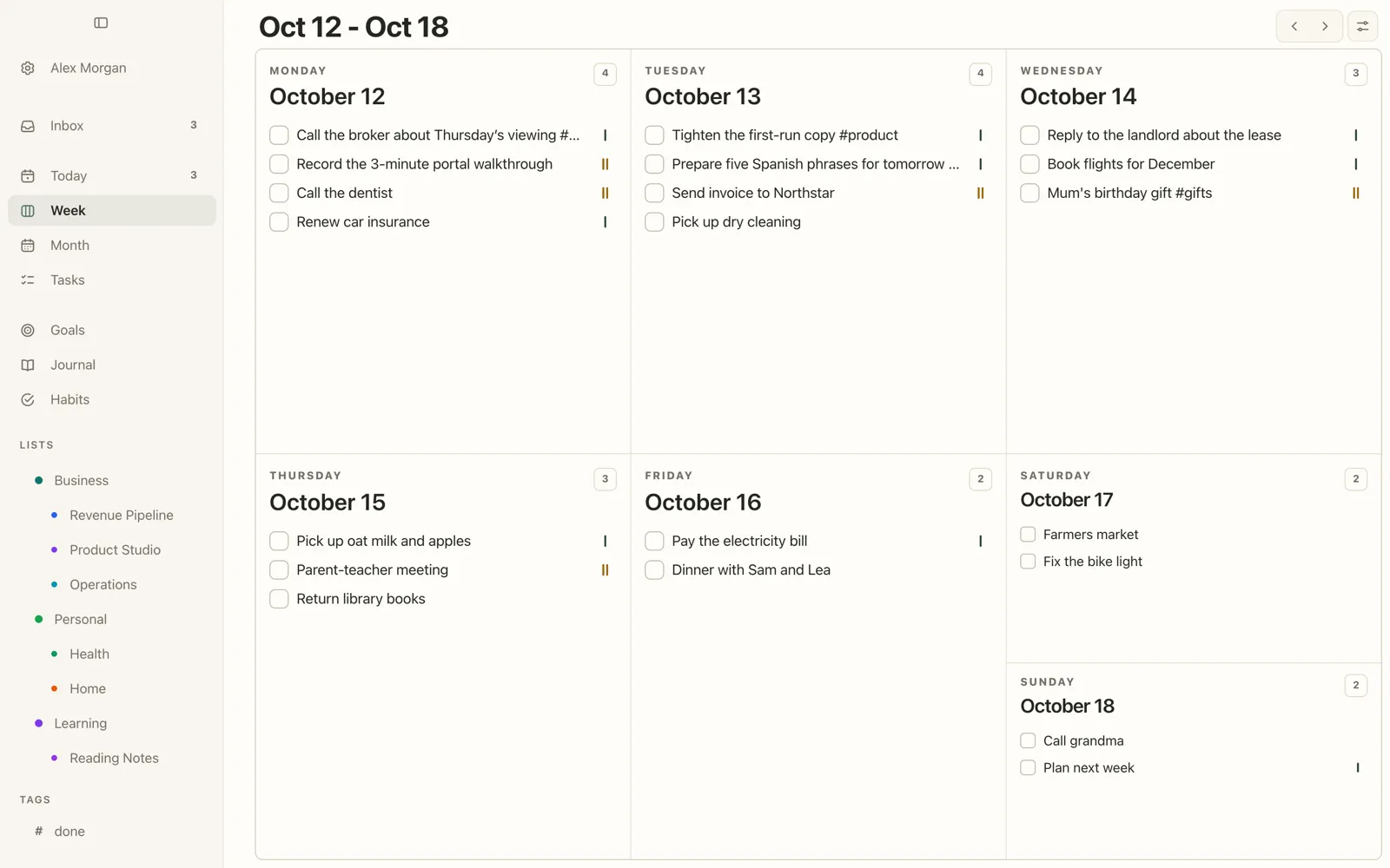 Plannedo's Week view on a Mac for October 12 to 18 with everyday tasks such as Call the dentist, Pick up dry cleaning, Mum's birthday gift and Pay the electricity bill spread across the days.