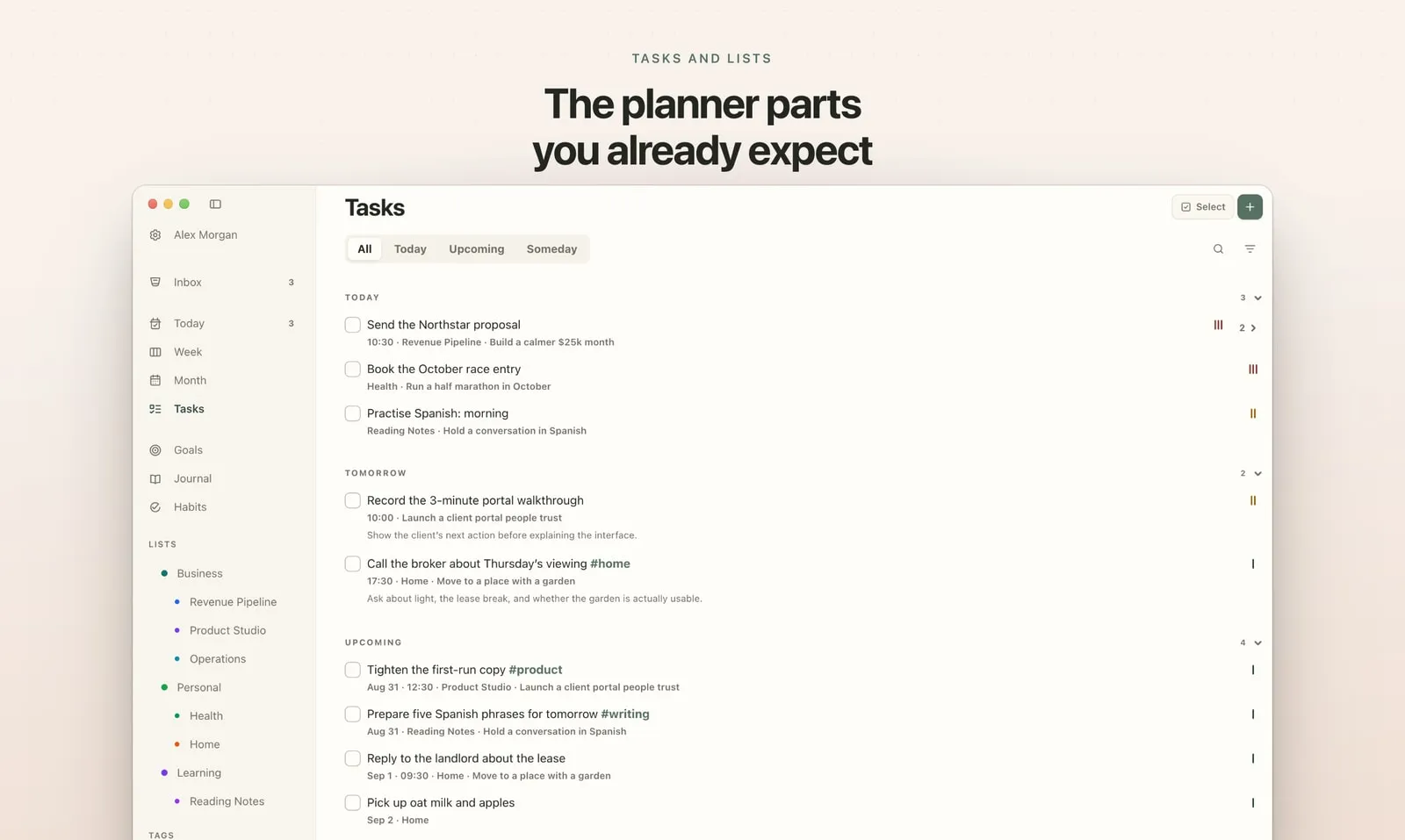 The Tasks screen of Plannedo on a Mac: tasks grouped into Today, Tomorrow and Upcoming, with times, lists, goals, tags and priorities.