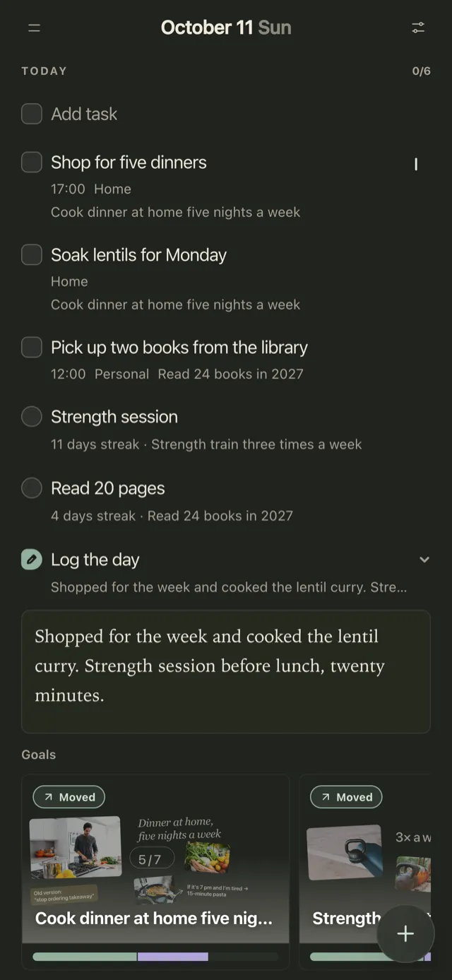 Plannedo's Today page on an iPhone: tasks linked to resolutions, 'Strength session' with an 11-day streak, 'Read 20 pages' with a 4-day streak, a short journal entry and goal cards marked Moved.